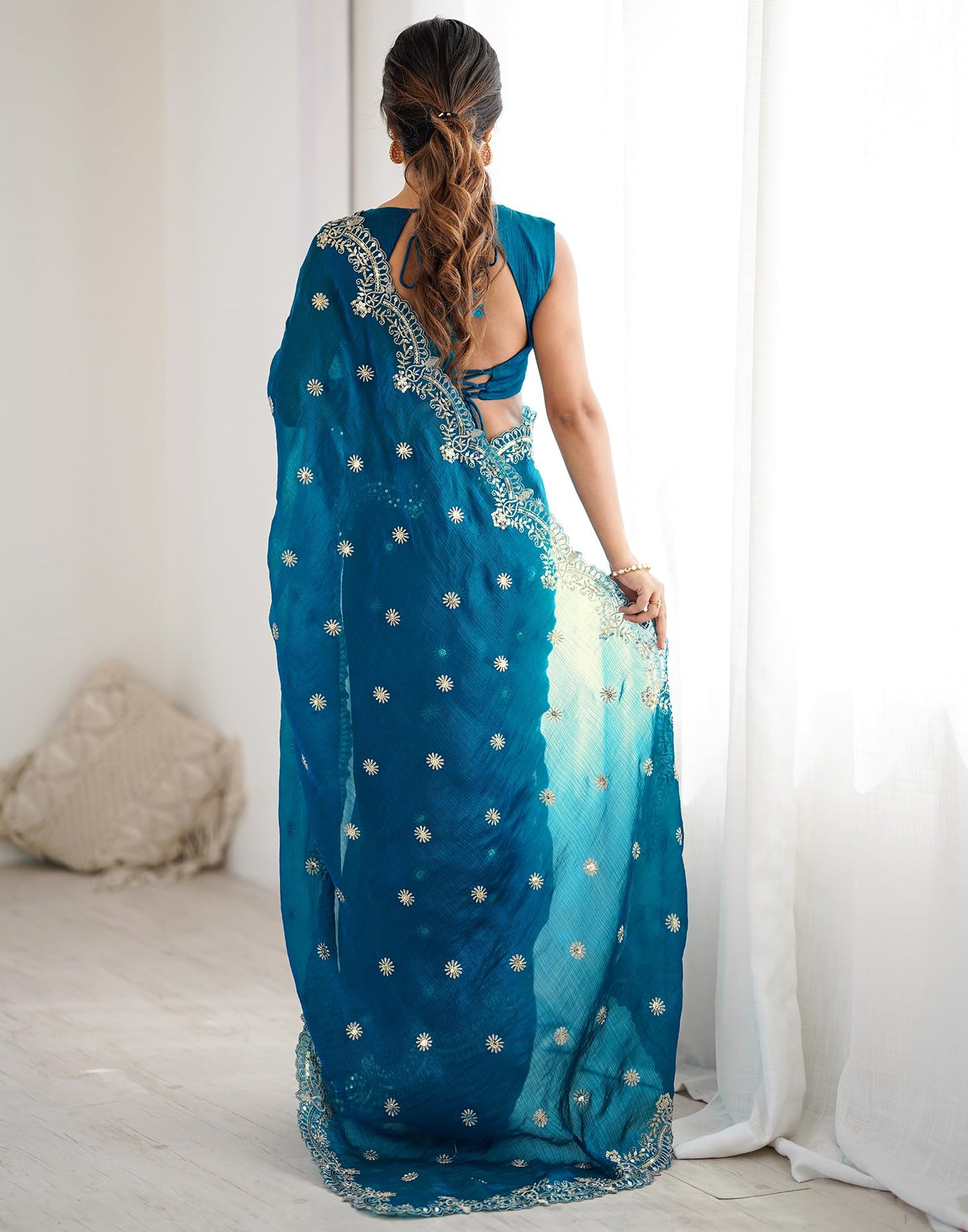 SIRIL Women's Sequence Embroidery Chiffon Saree With Unstitched Blouse Pieces (4856S151-Blue)