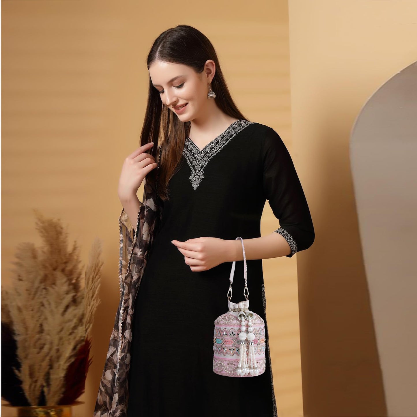 PLANX Velvet SilK Stylish Embroidery Unique Design Trendy Traditional Ethnic Wedding Party Handheld Potli For Women