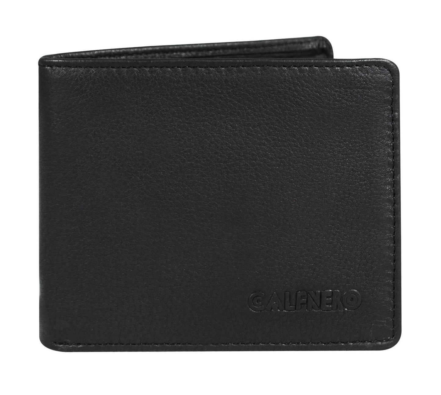 Men's Genuine Leather Bifold Wallet-Multiple Card Slots ID Window with Coin Pocket-Black Leather Wallet by Calfnero