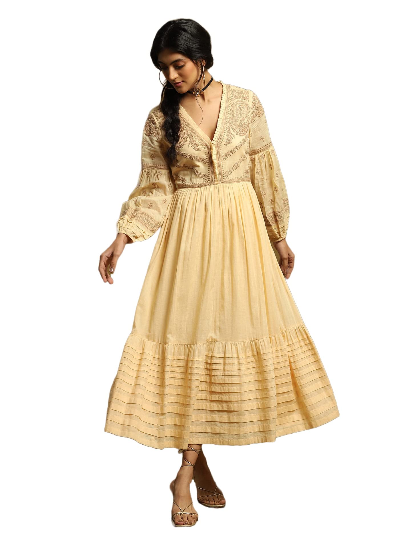 Ritu Kumar Beige Embroidered Tiered Long Dress