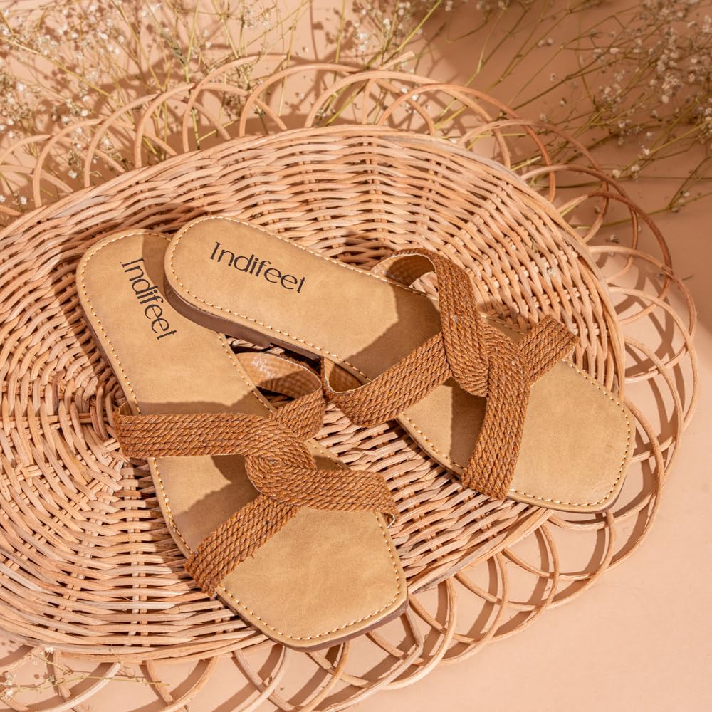 Indifeet Flat Jute Sliders for Women Stylish Footwear Belt Slippers Girls Womens Comfort Beach Open Toe Foot Wea New Latest Ladies Flats Support Strap Slides Design Brown
