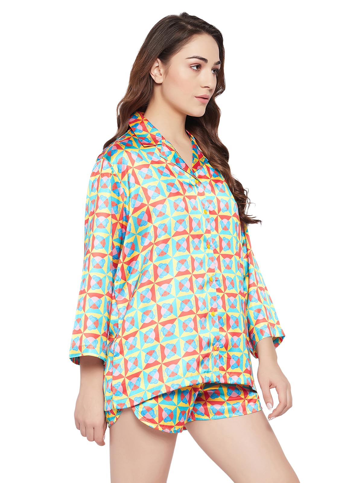 Clovia Women's Satin Printed 3 Piece Nightwear Set (LS0666P19_Multi_XL) Multicolour