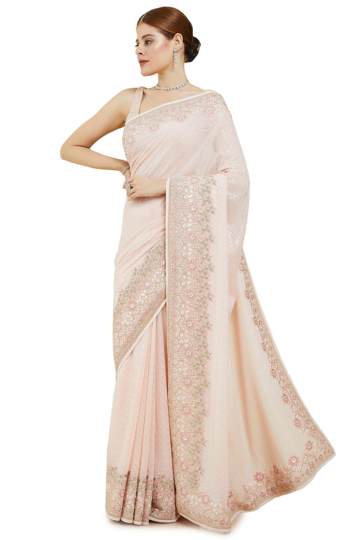 Soch Womens Peach Georgette Saree With Floral Embroidery And Sequins