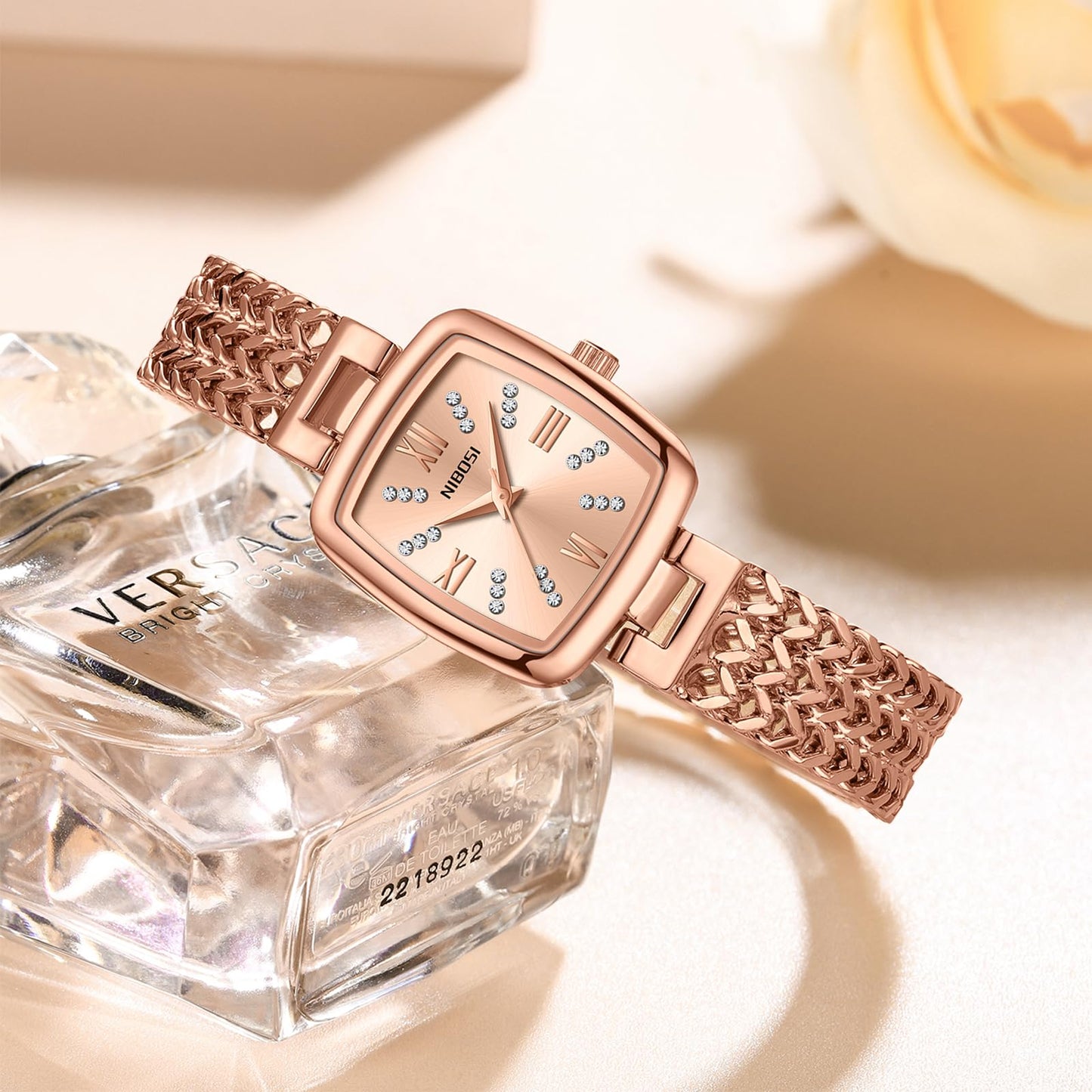 IBOSI Women Watches Analog Quartz Diamond Square Ladies Watch Stylish Elegant Waterproof Stainless Steel Jewelry Bracelet (Rose Gold)