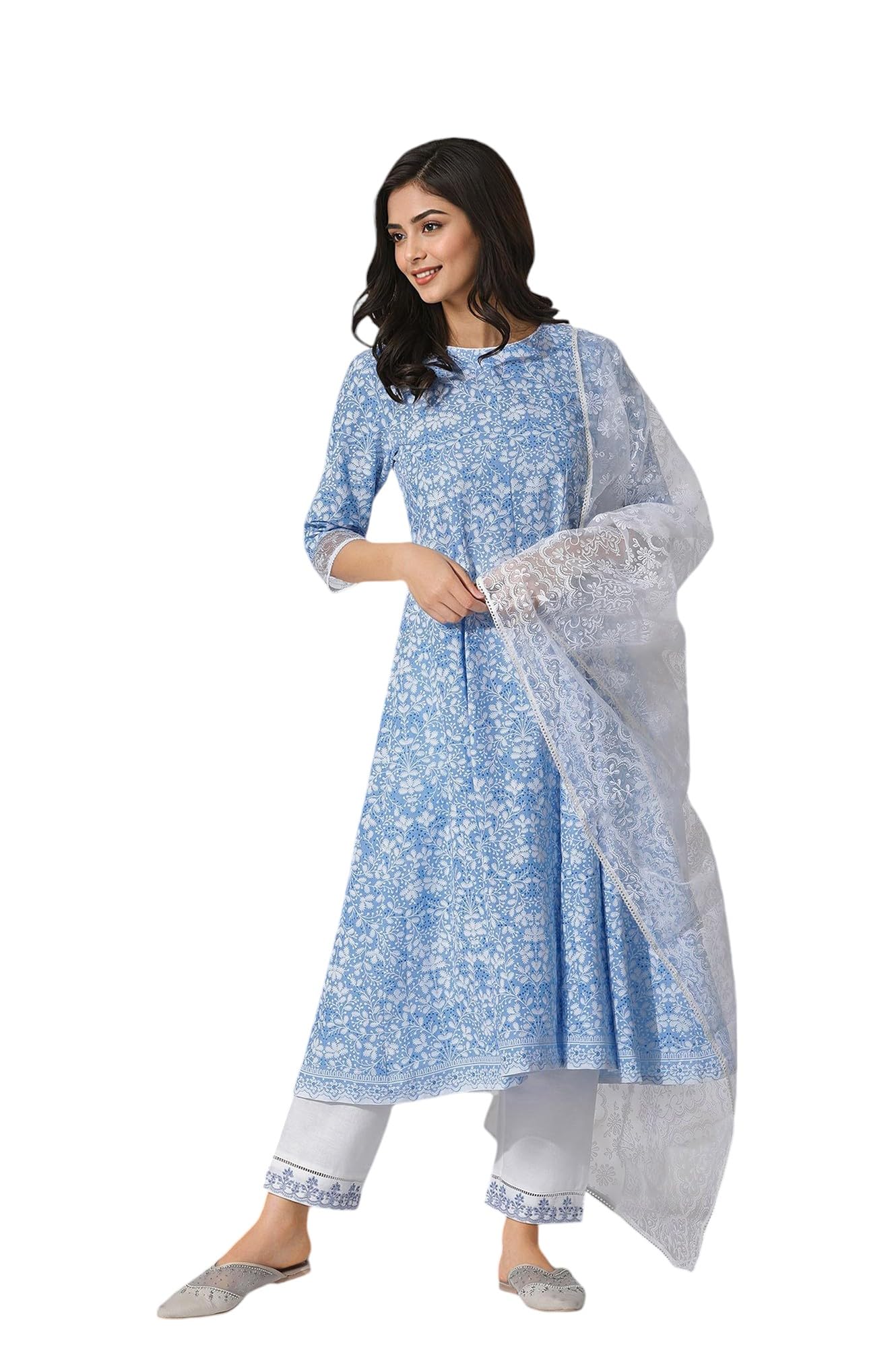 W for Woman Light Blue Floral Printed Flared Kurta, Straight Pants and Dupatta Set (Size: M)-24ONWS10817-123072