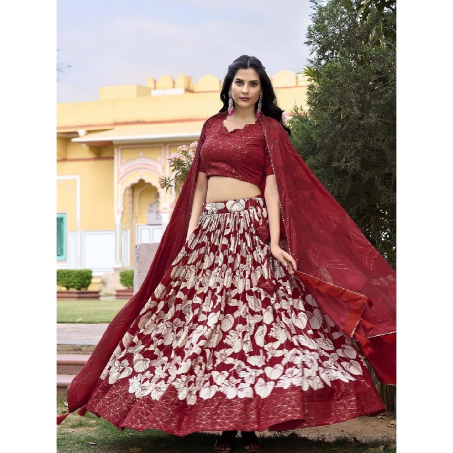 LooknBook Art Women's Tussar Silk With Floral Print Chaniya Choli (Red)