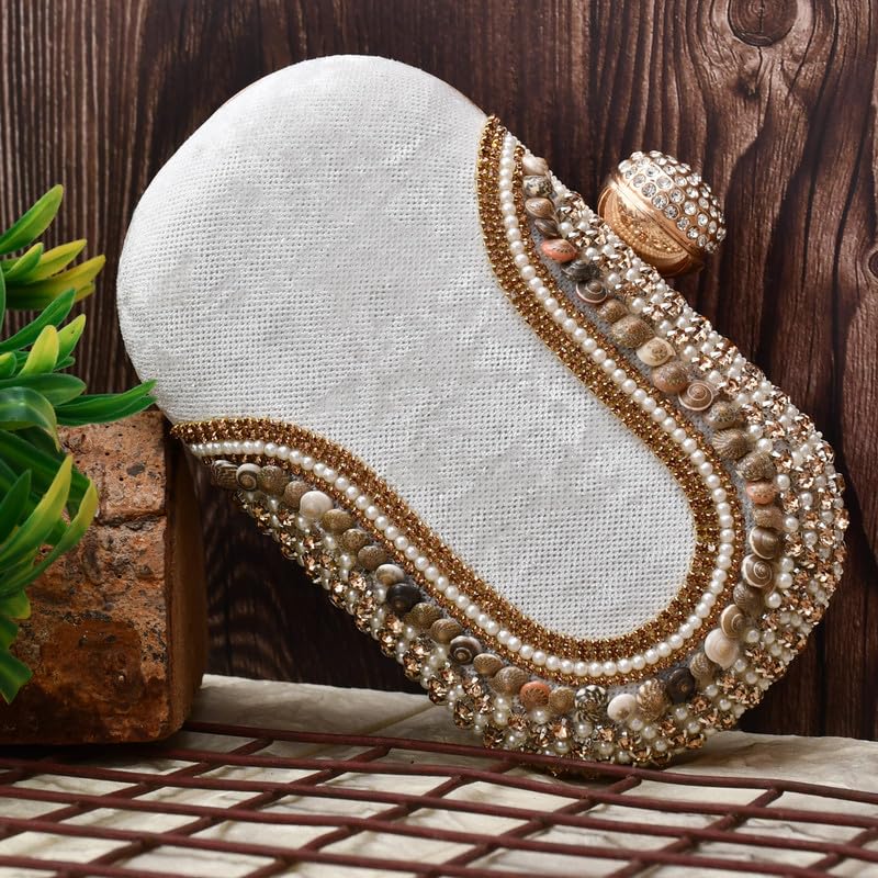 For The Beautiful You Elegant Beaded Clutch Purse for Women – Emroidered Bag with Gold Chain, Rhinestone Clasp and Stone Detailing (Cap Pebble White)