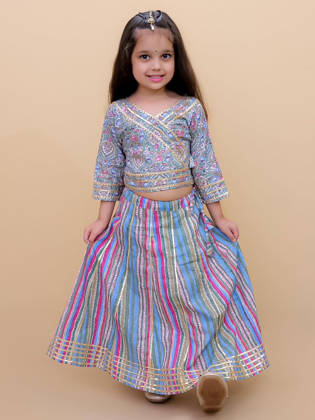 The Mom Store Girls Kurta Lehenga Set Ethnic Wear | Printed | Stylish Kids/baby Kurta for Festivals & Occasions | Cotton | Multicolor Muskaan | 7-8Y