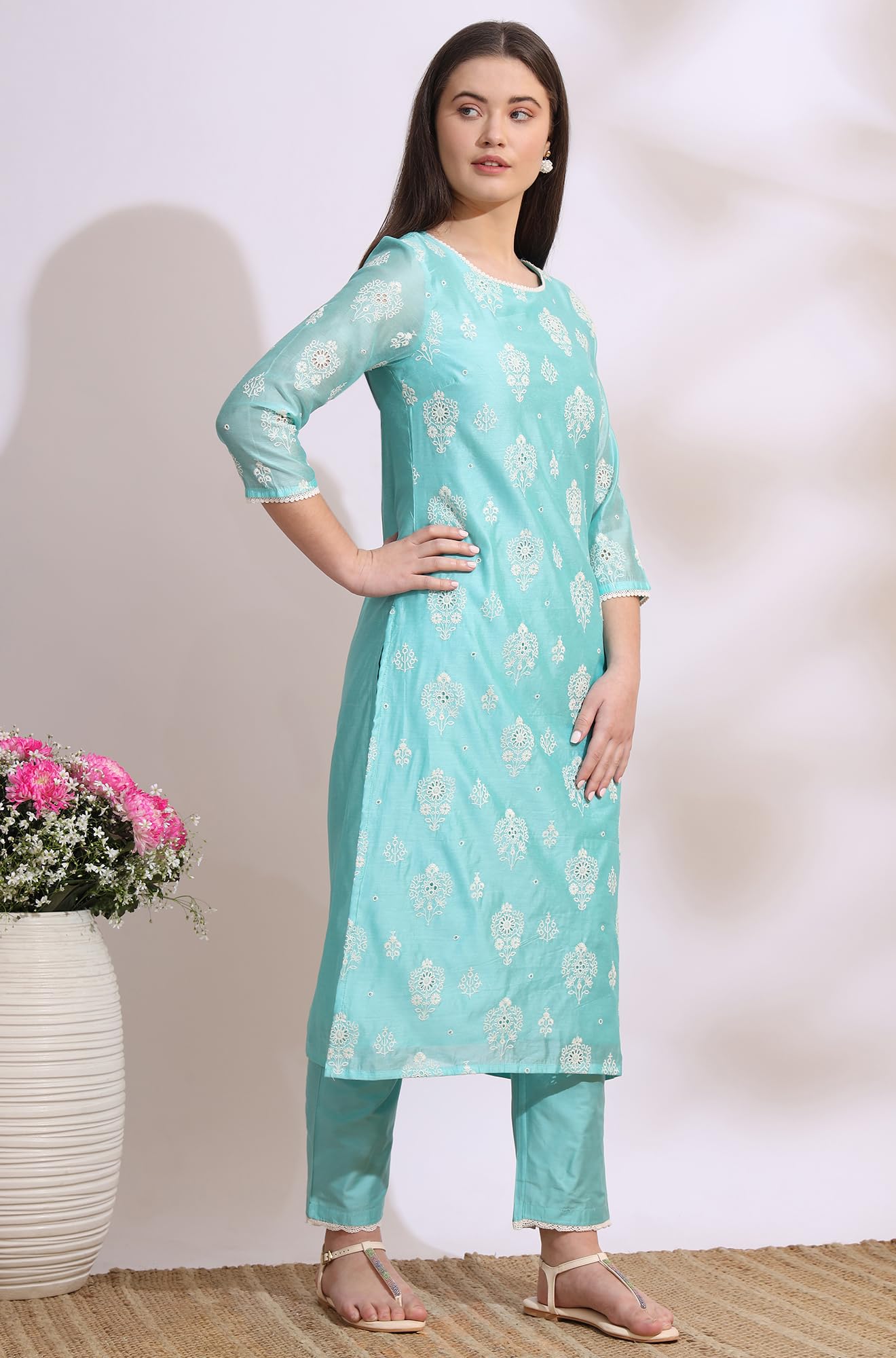 W for Woman Turquiose Blue Schiffli Embroidered Straight Kurta, Pants and Dupatta Set (Size: M)-WS12329-400786