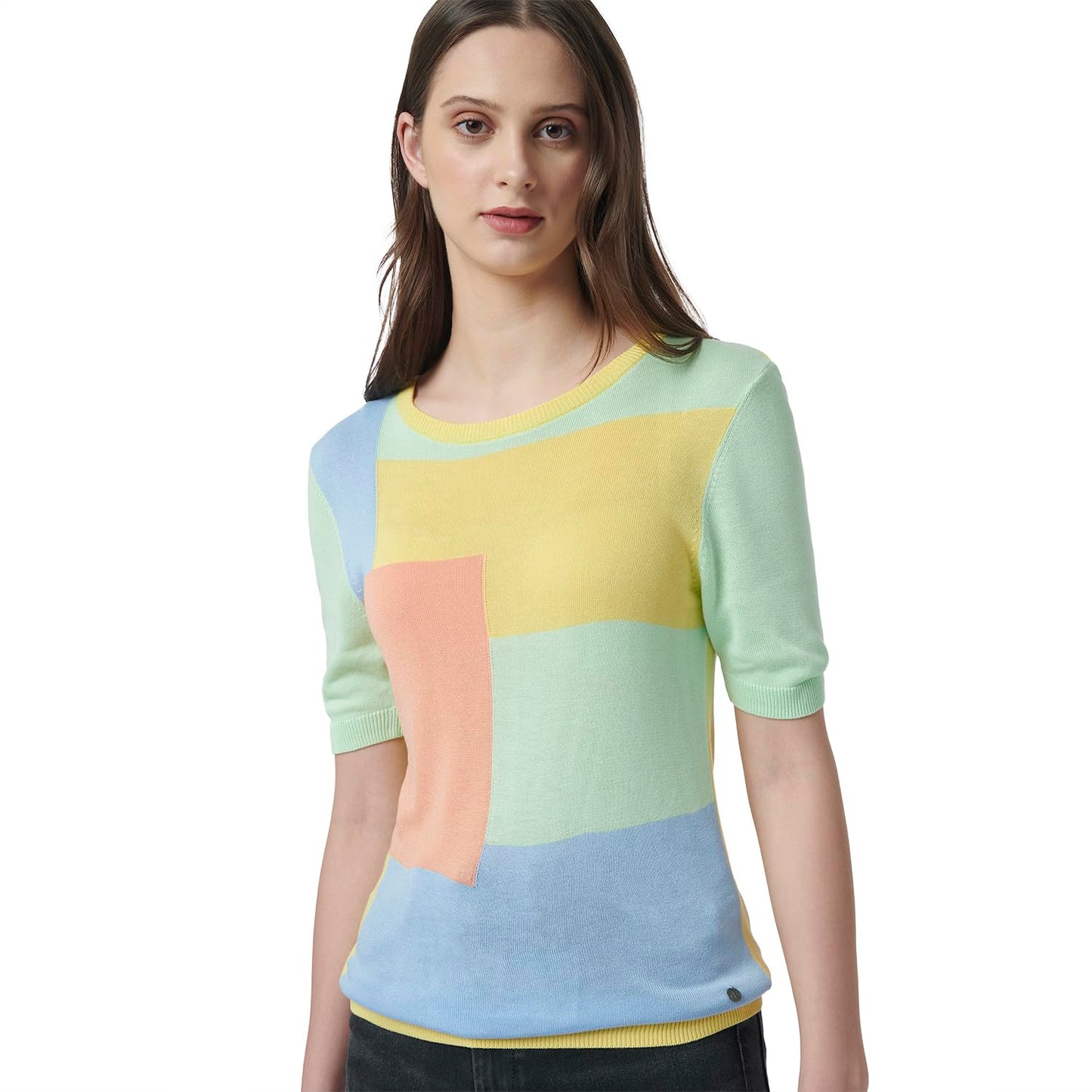 Pepe Jeans Color Block Viscose Round Neck Women's T-Shirt (Pink, Medium)