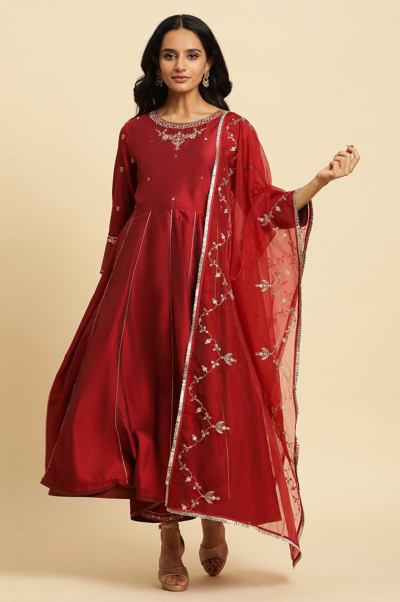 W for Woman Women Rayon Kurti Pant and Dupatta Set_23Auws10267-220298_M, Red