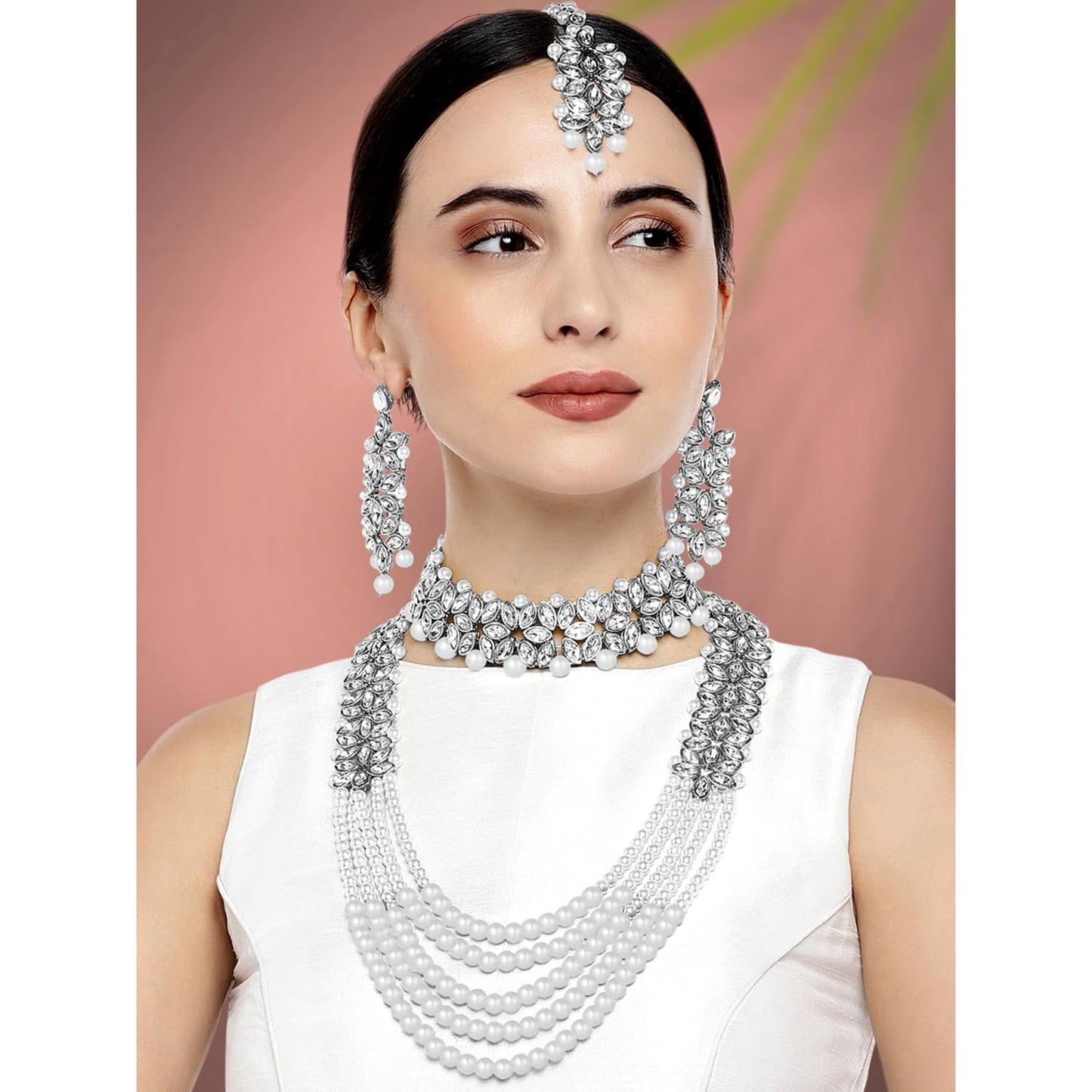 Peora Silver Plated Crystal & Beads Studded Bridal Short & Long Necklace Earrings Maangtikka Jewellery Set for Women