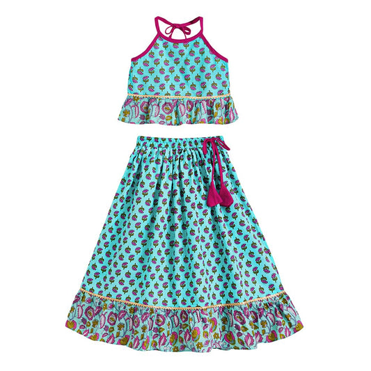 Hopscotch Hoscotch Girls Floral Blue Sleeveless 2 Piece Groove & Flow Cotton Lehenga Choli Set For Ages (5-6 Years)