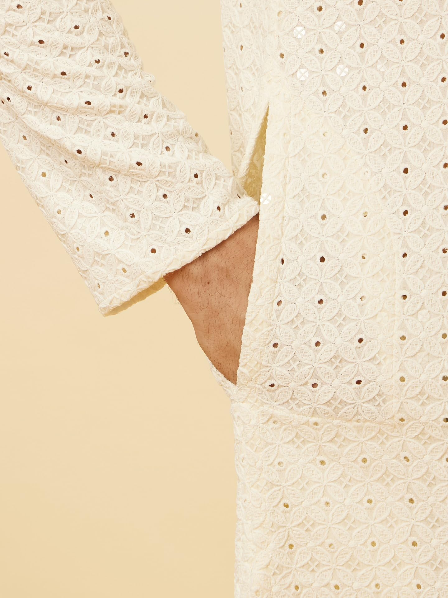 Manyavar Mens Cream Viscose Kurta Pyjama Set