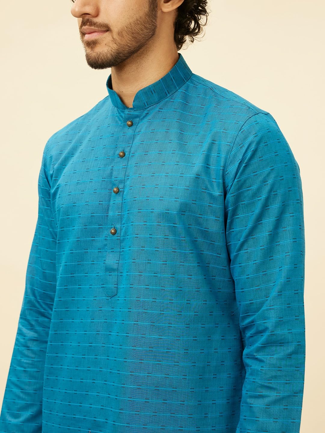 Manyavar Men's Blue Blended Cotton Self Design Kurta Pyjama Set