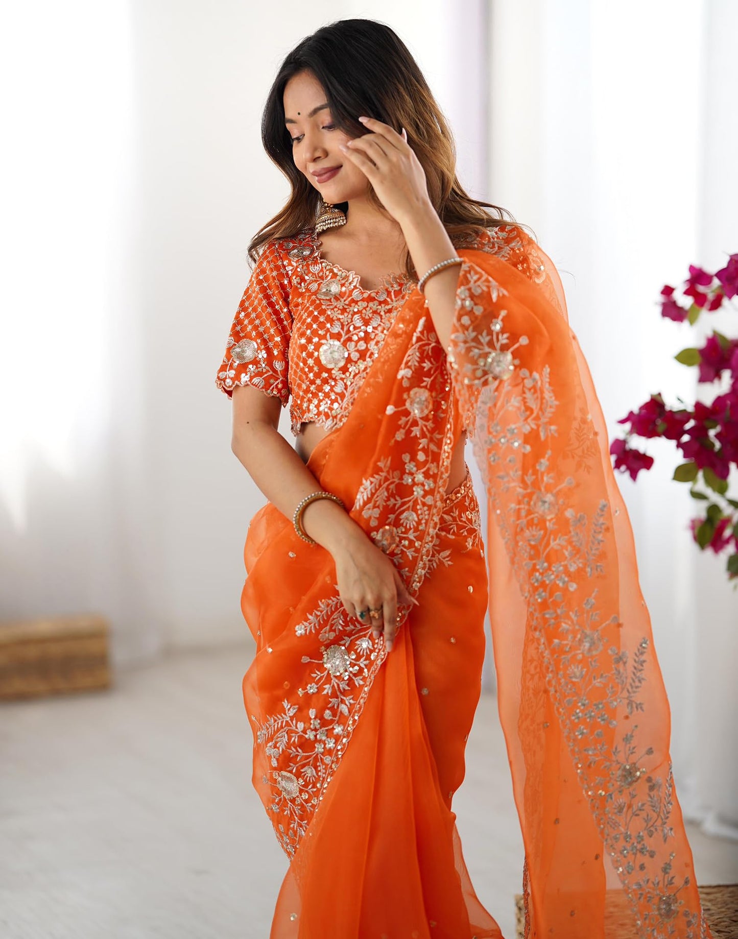 SIRIL Women's Organza Sequence Embroidery Saree With Unstitched Blouse Piece (4472S116_Orange)