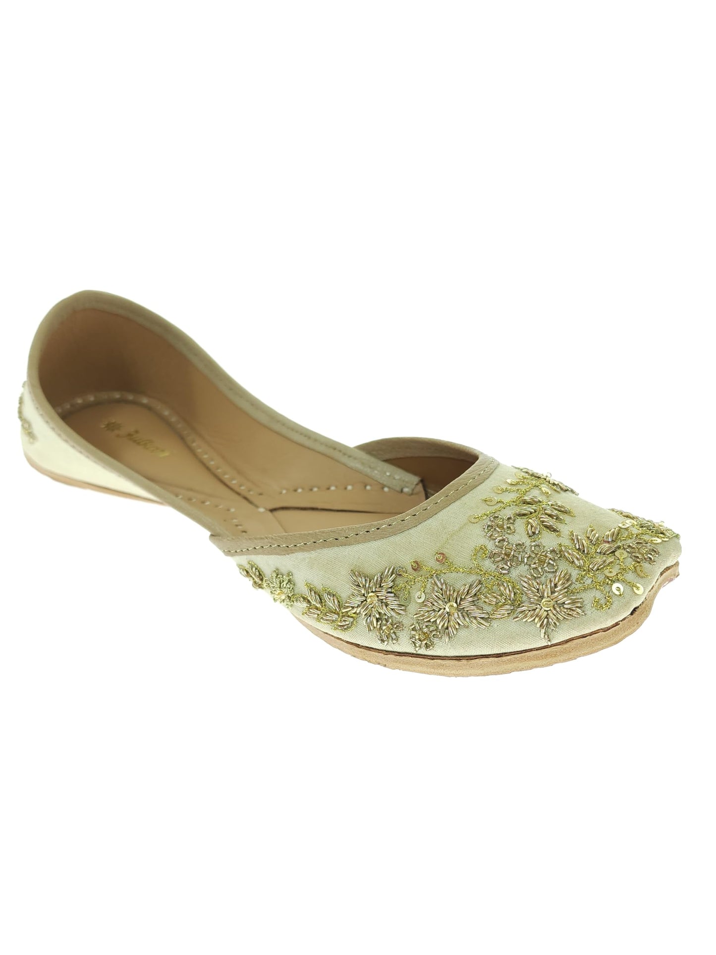 Fulkari Women's Paradise Beige Gold Soft Leather Embroidered Jutis | Bite and Pinch Free Jutti | Punjabi Formal Juttis | Girl's Wedding Flat Ladies Mojari | Formal Ethnic Juti | 42