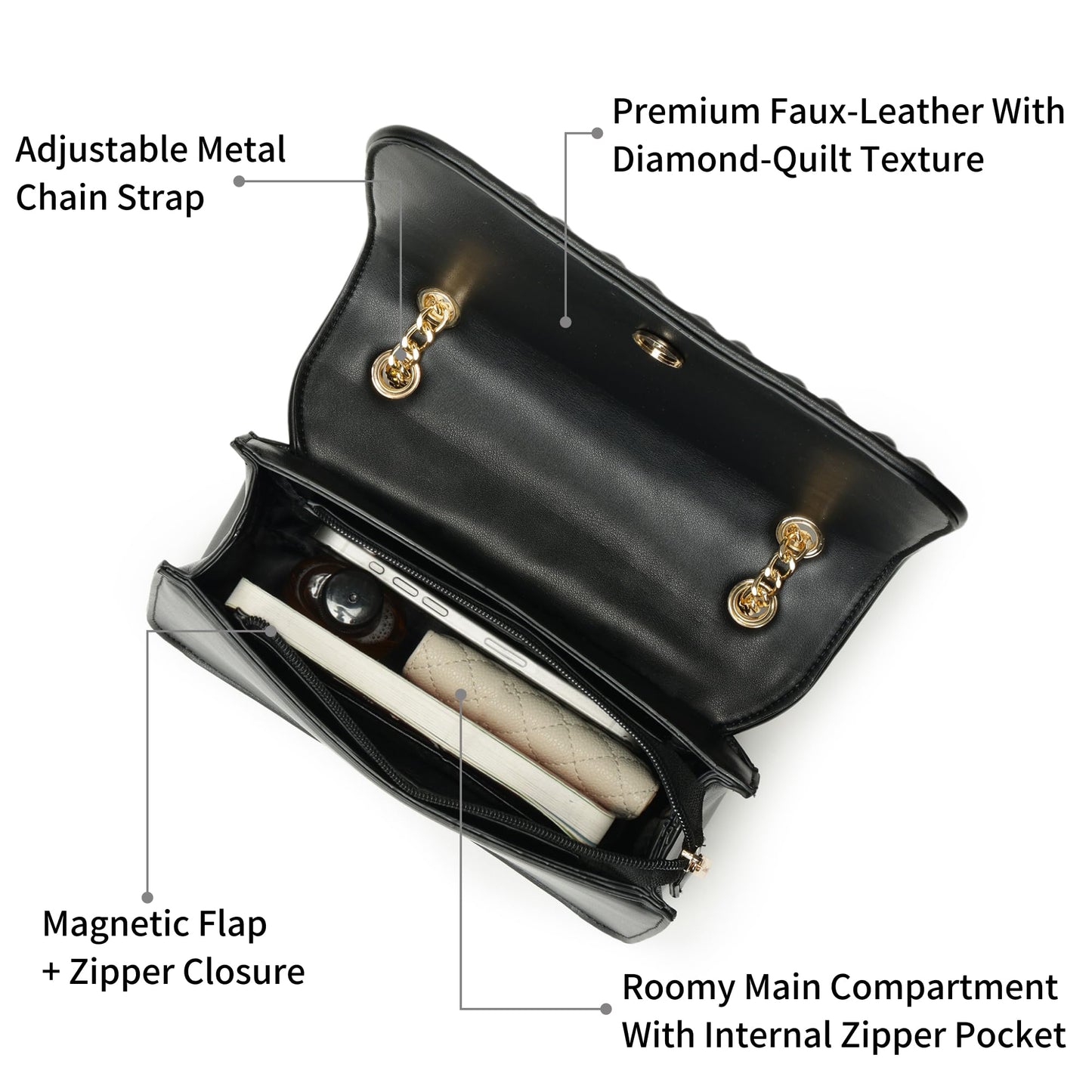 Fastrack QuiltGrid Shoulder Bag | Faux-Leather Women’s Handbag | Diamond Quilted Design | Adjustable Chain Strap | Zipper & Magnetic Closure | Gold-Finish Hardware