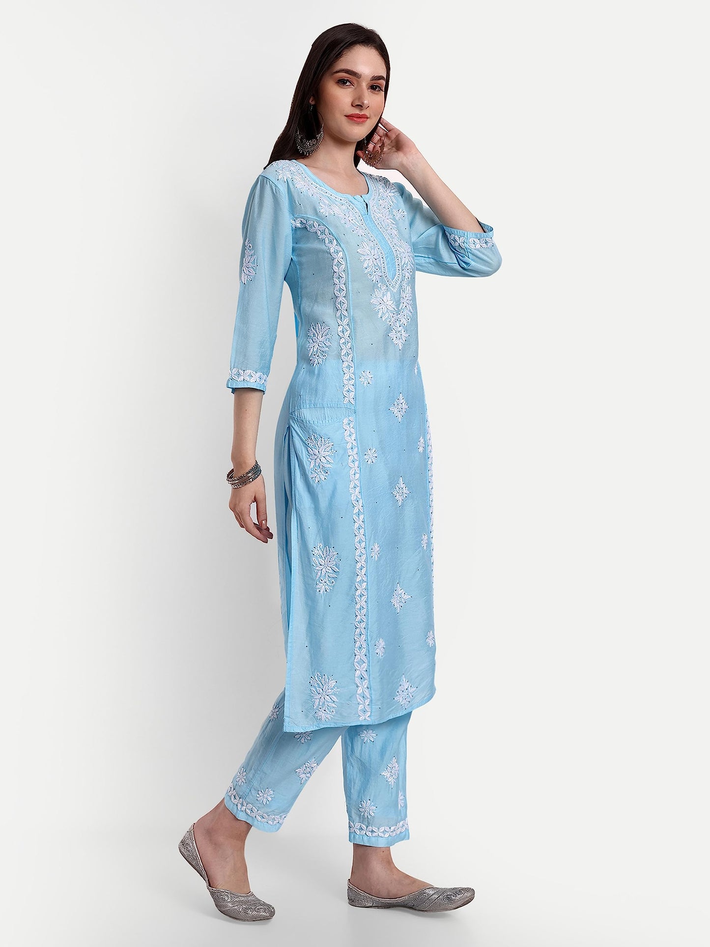 indiankala4u Lucknowi Chikankari Hand Embroidered Mukaish Work Kurta Palazzo Set Chanderi Silk Sky Blue