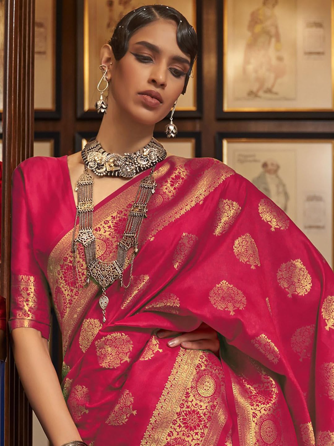 SWORNOF Womens Kanjivaram Banarasi Silk Saree Patola saree with Unstitched blouse piece (RANI)