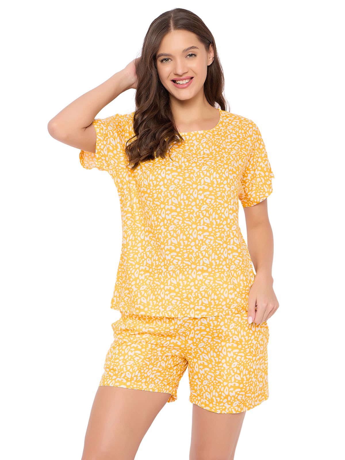 Clovia Women's Rayon Printed Top & Shorts Set (LS0533P02_Yellow_L)