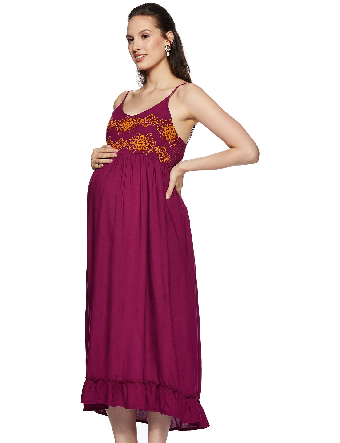 MomStory Women's Rayon Pleated Maxi Dress (MDRF501823_Wine_XL)