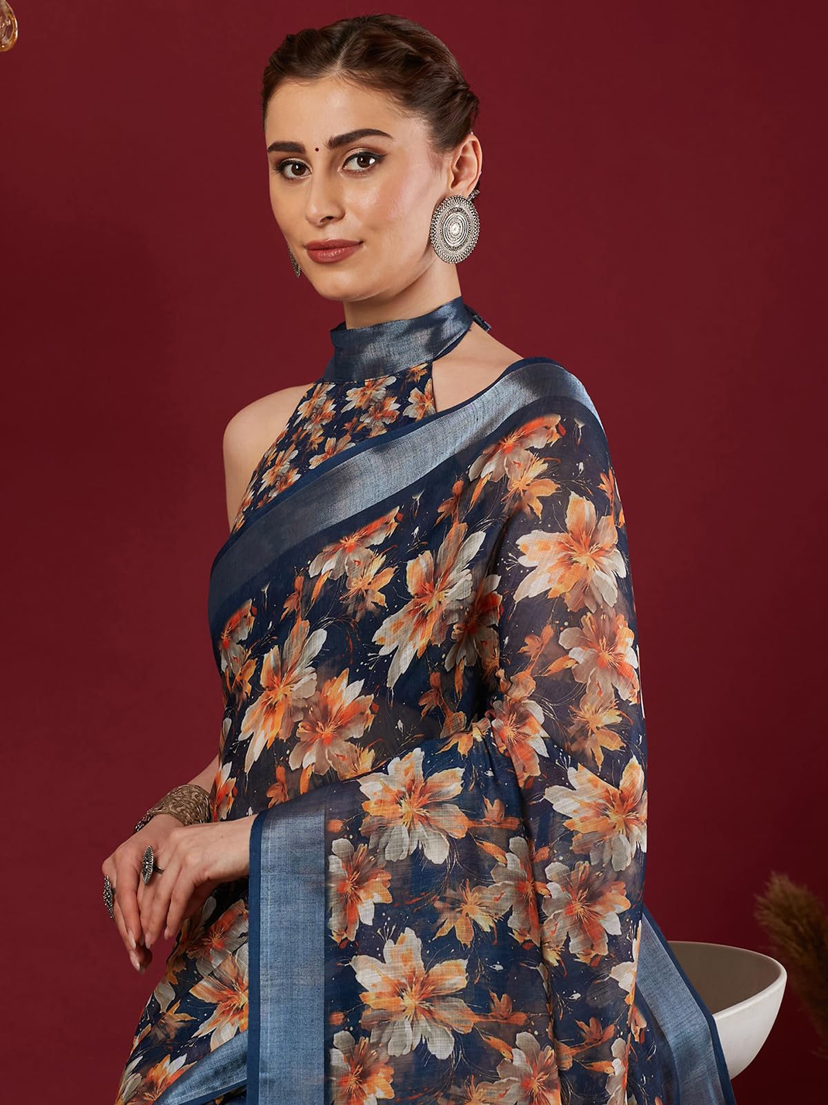 SIRIL Women's cotton Printed & Zari Border Saree With Unstitched Blouse Piece (4403S385A_Navy Blue)