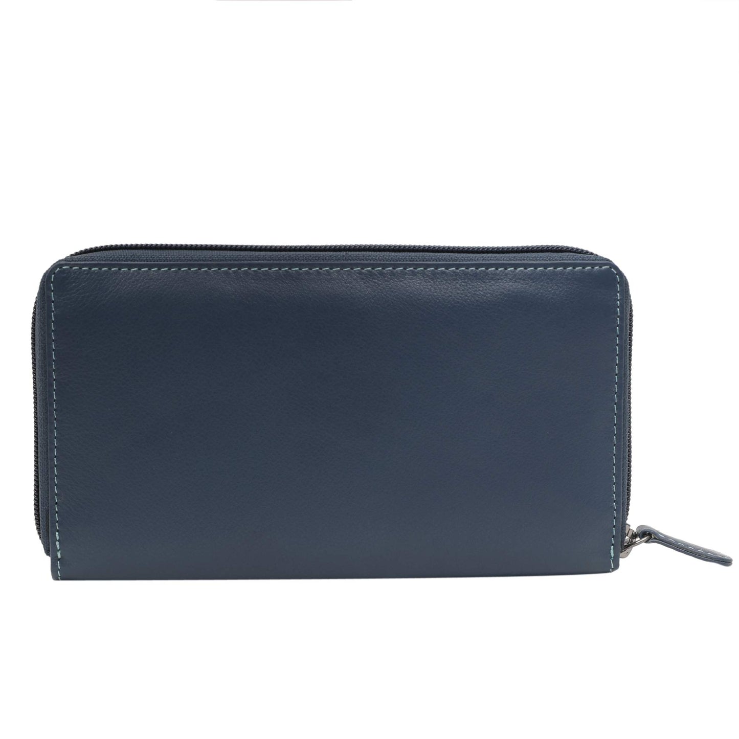 Women's Genuine Leather wallet-Long Purse Wallet with Multiple Card Slots, Zip Pocket and Note Compartment (Blue-Multi)