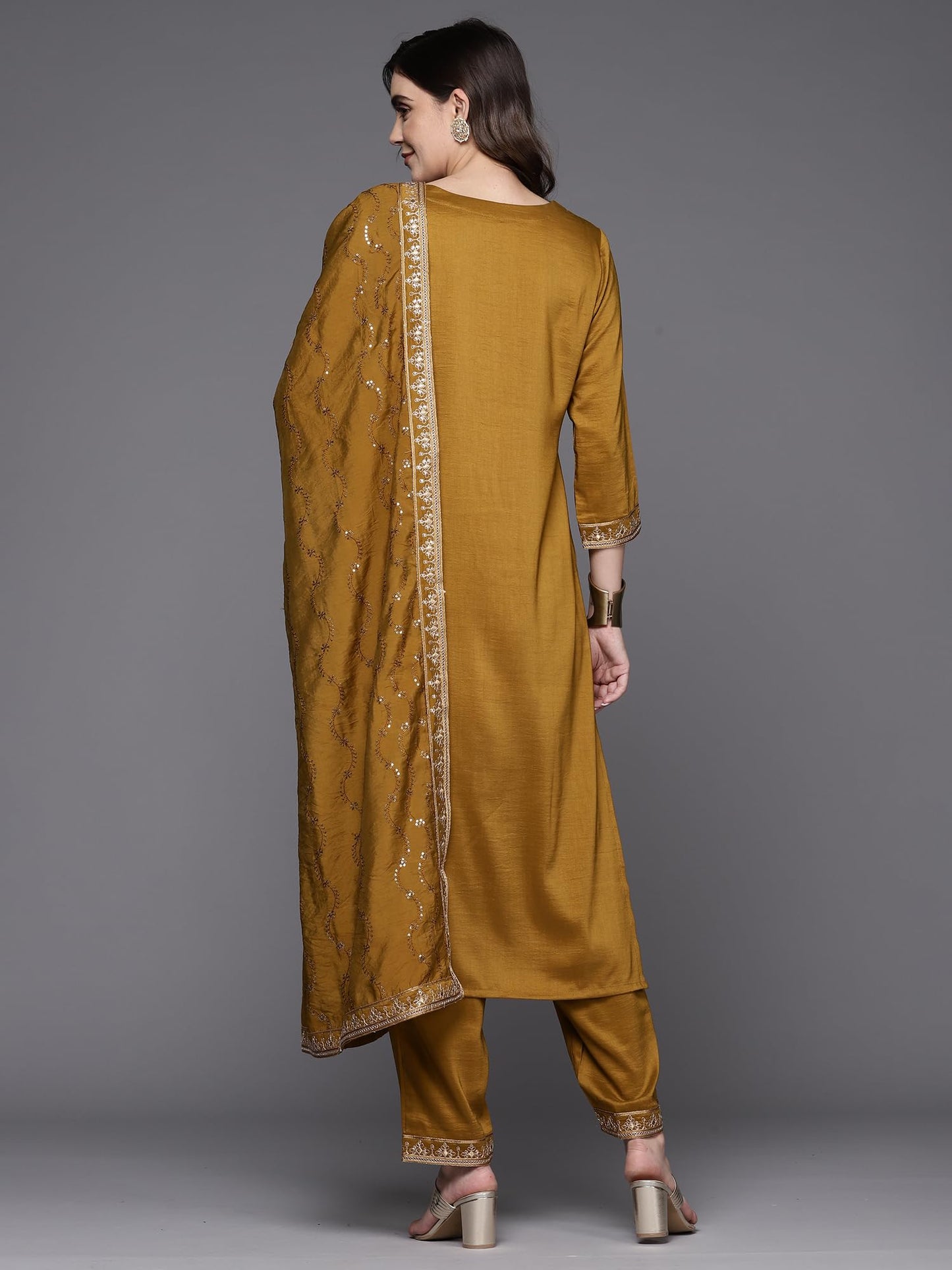 INDO ERA Silk Blend Mustard Straight Embroidered Kurta Pant with Dupatta Set for Women (Kh9Mt7107_X-Small)