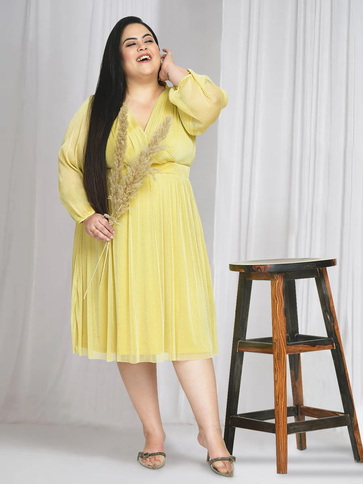 wild U Women Plus Size | Net | Stretchable | Knee Length | Shimmery | Western Stylish Dress (Yellow - 3XL)
