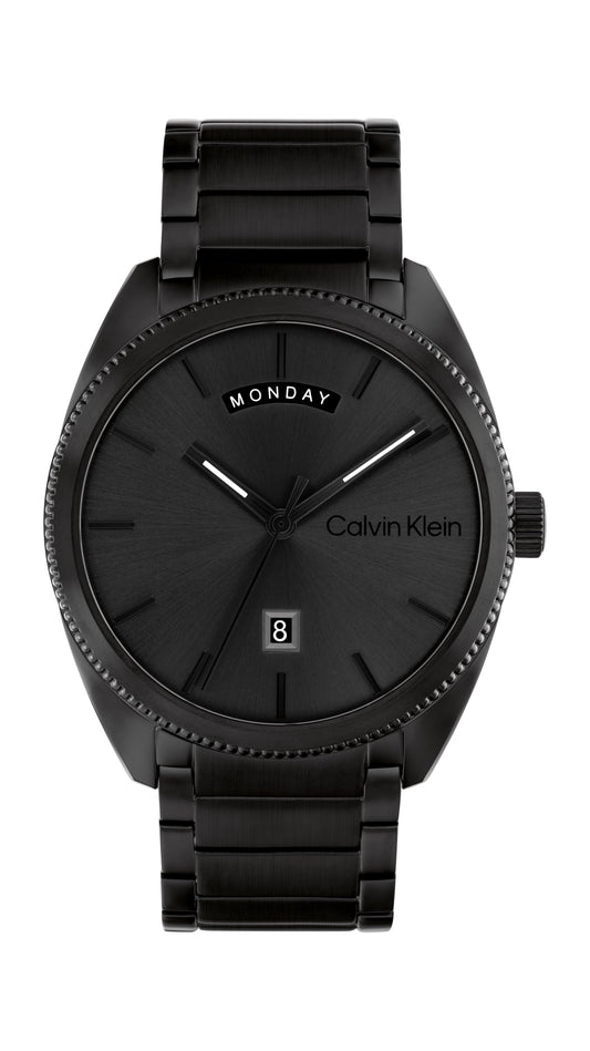 Calvin Klein Progress Qtz Basic Calendar Grey Round Dial Men's Watch|Ionic Plated Black Steel Material|Black Color Band - 25200448