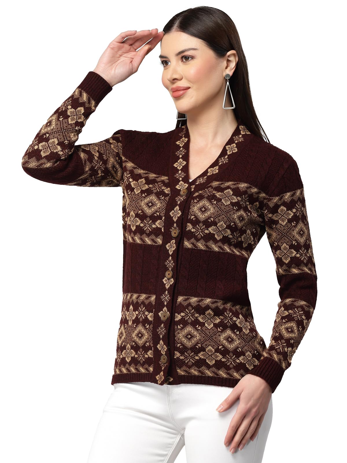 Kalt Women Sweater for Winter Woolen Acrylic Full Sleeves V-Neck Jacquard Design Cardigan Sweater for Women Winter Woollen Stylish(Maroon;7XL)
