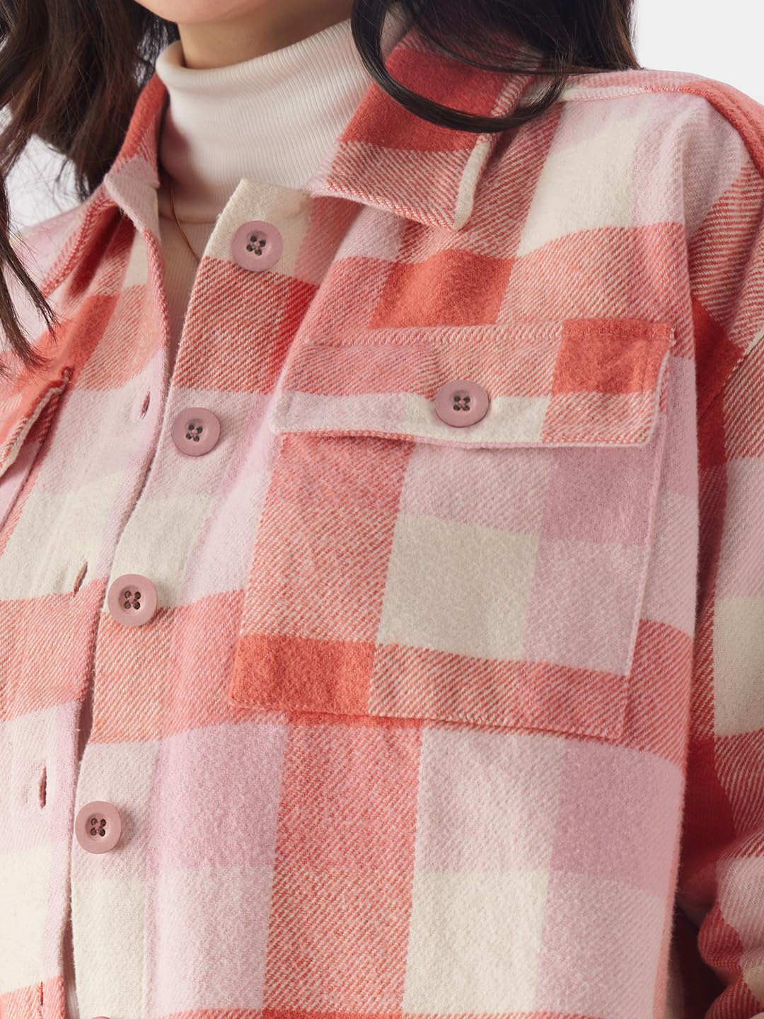The Souled Store TSS Originals: Fairy Rose Women Shackets Shackets Casual Plaid Oversized Quilted Winter Flannel Sherpa-Lined Stylish Fashion Trendy Classic Checkered Cozy Button-Up Utility