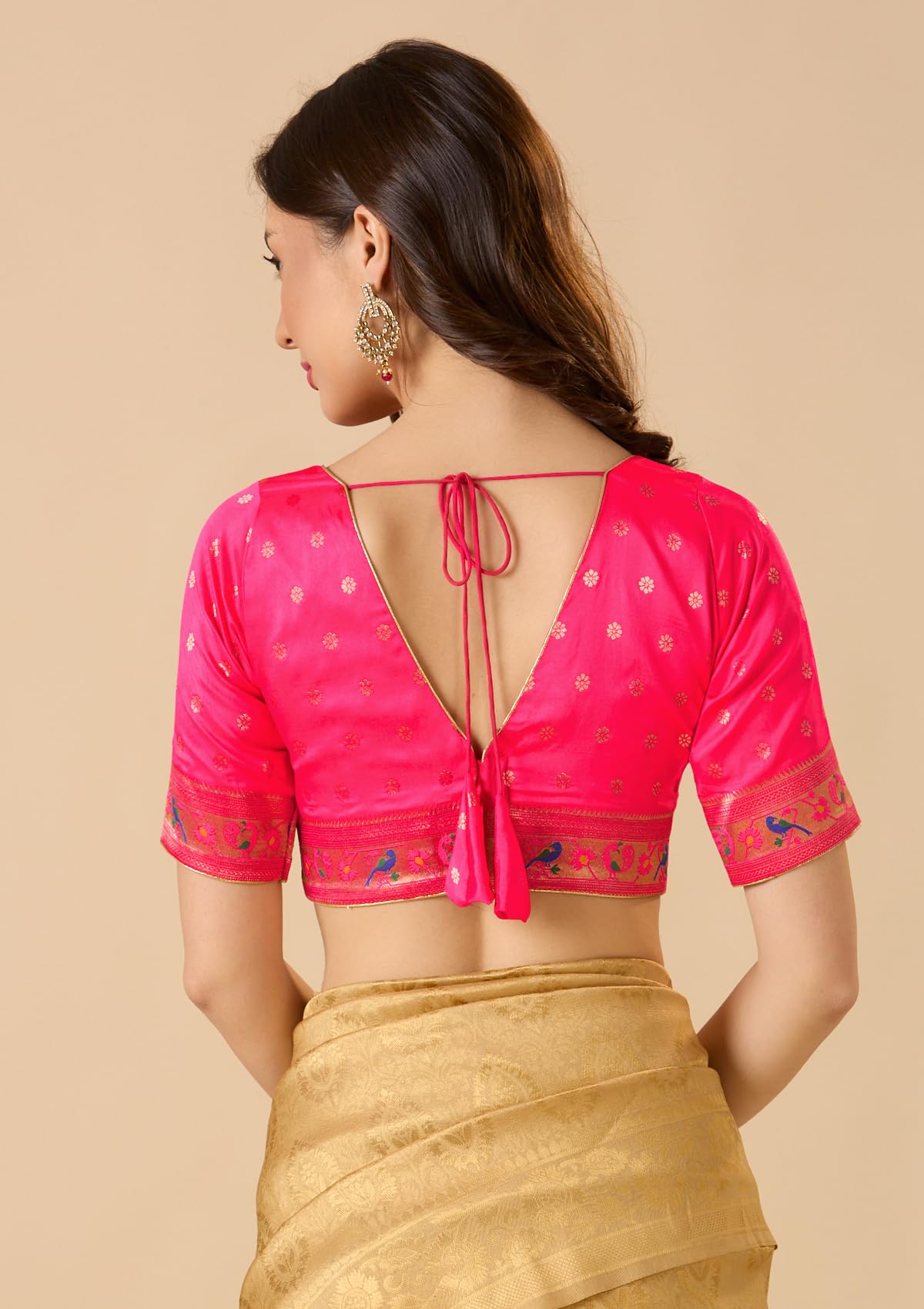 S SALWAR STUDIO Pink Paithani Silk V Neck Readymade Blouse