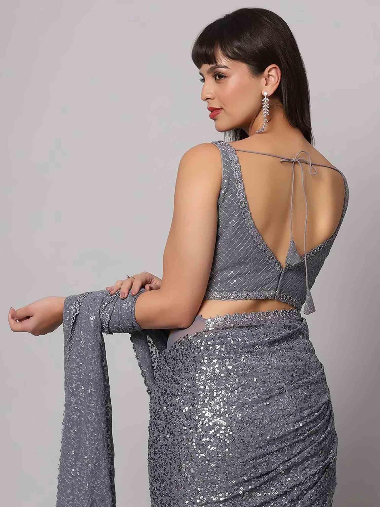 Zeel Clothing Women's Grey Sequins Work Heavy Georgette Saree with Blouse (1007-Slate-Grey-Sequins-Party-Saree-New, Slate Grey)