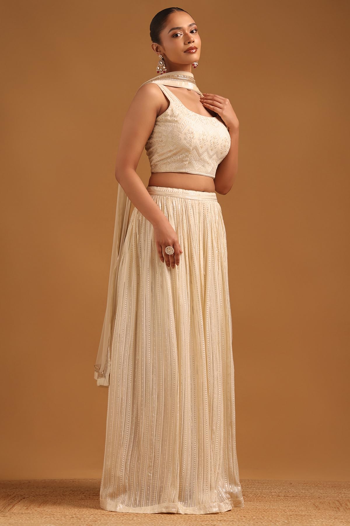 Soch Womens Beige Georgette Ethnic Motifs Lehenga Choli Set With Sequined