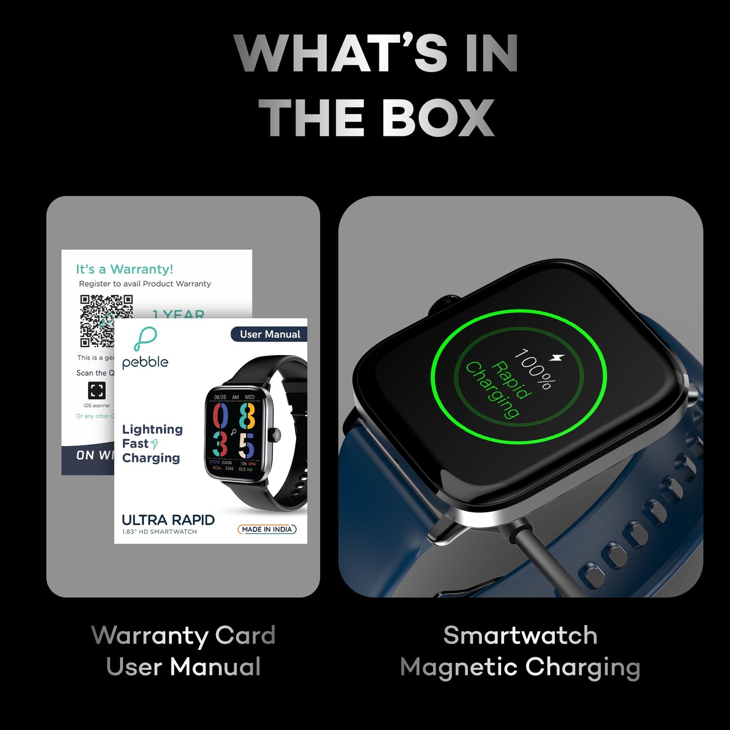 (Refurbished) Pebble Ultra Rapid 1.83" HD Display. India's First Fastest Charging, Premium Metal Built, Unisex Design Smartwatch (Winter Blue)