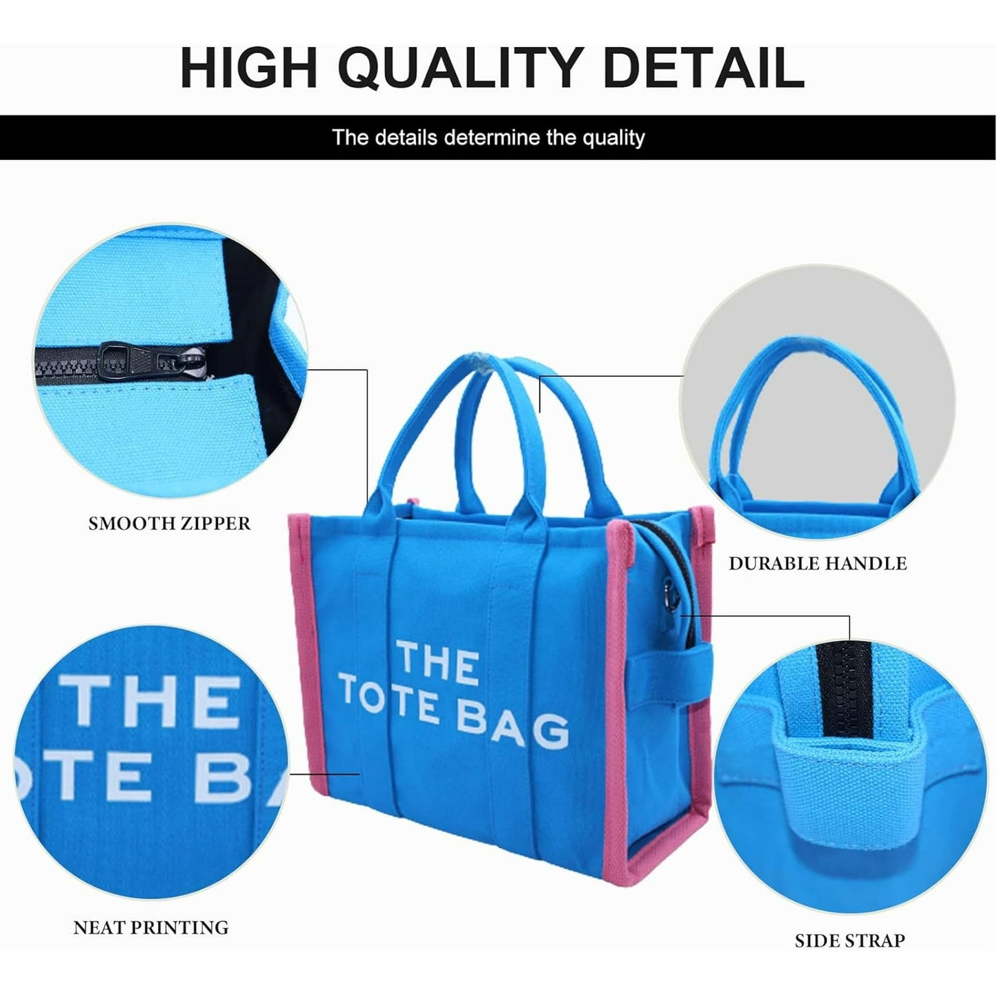 MAIRO LIFESTYLE Women Canvas The Tote Bag with Zipper Small Purse Crossbody Bag Top Handle Traveler Handbag (Blue with Pink edge)