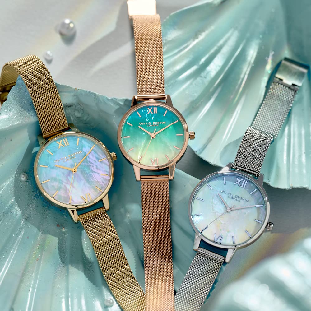 Olivia Burton Under The Sea Qtz Basic Slim Ombre Teal to White Mother of Pearl Round Dial Women's Watch|Ionic Plated Rose Gold Steel Material|Gold Color Band - OB16US66