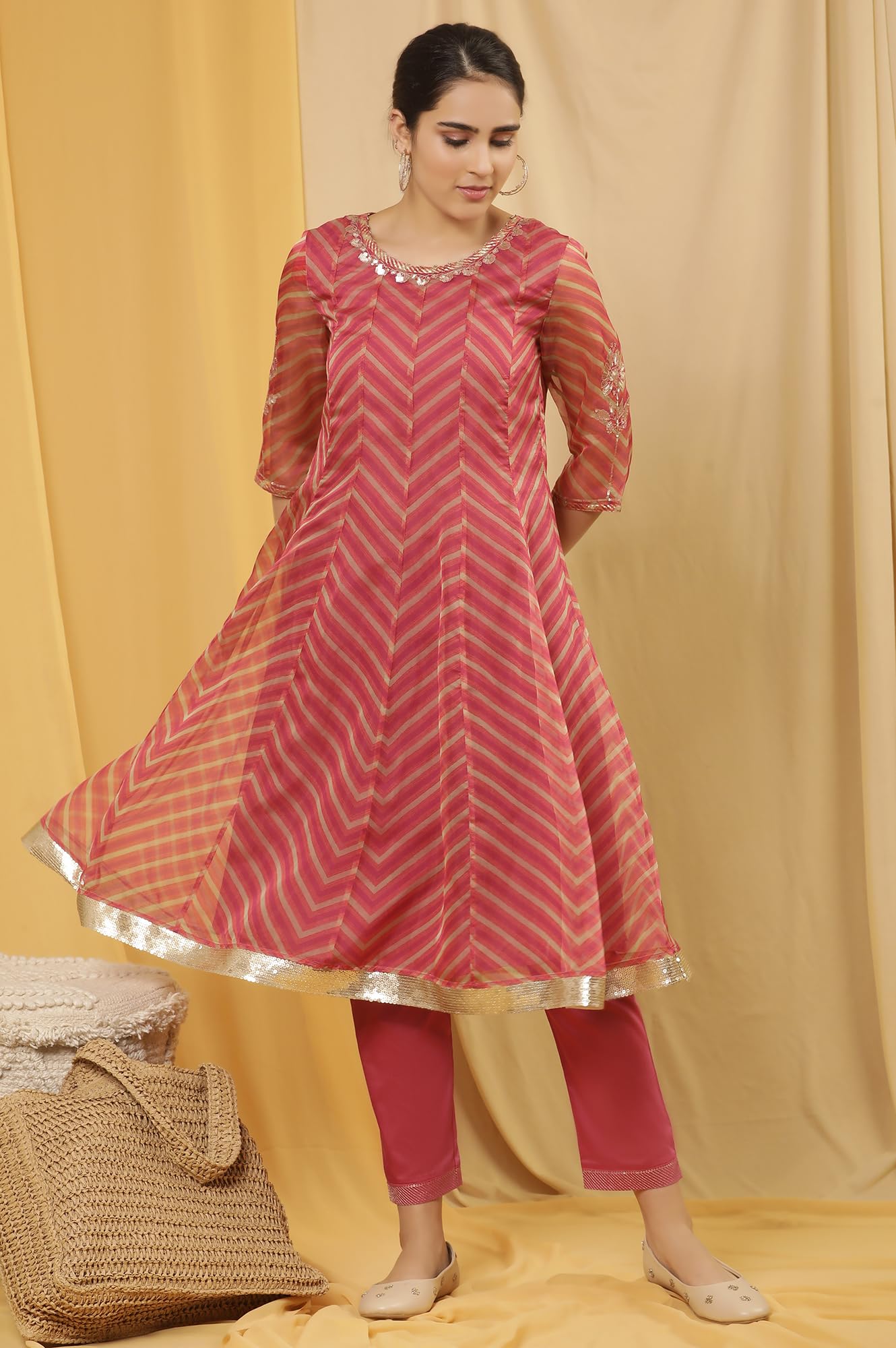 W for Woman Pink Festive Striped Print Organza Flared Kurta Set with Straight Pant_24FEWS19928-121974_XL