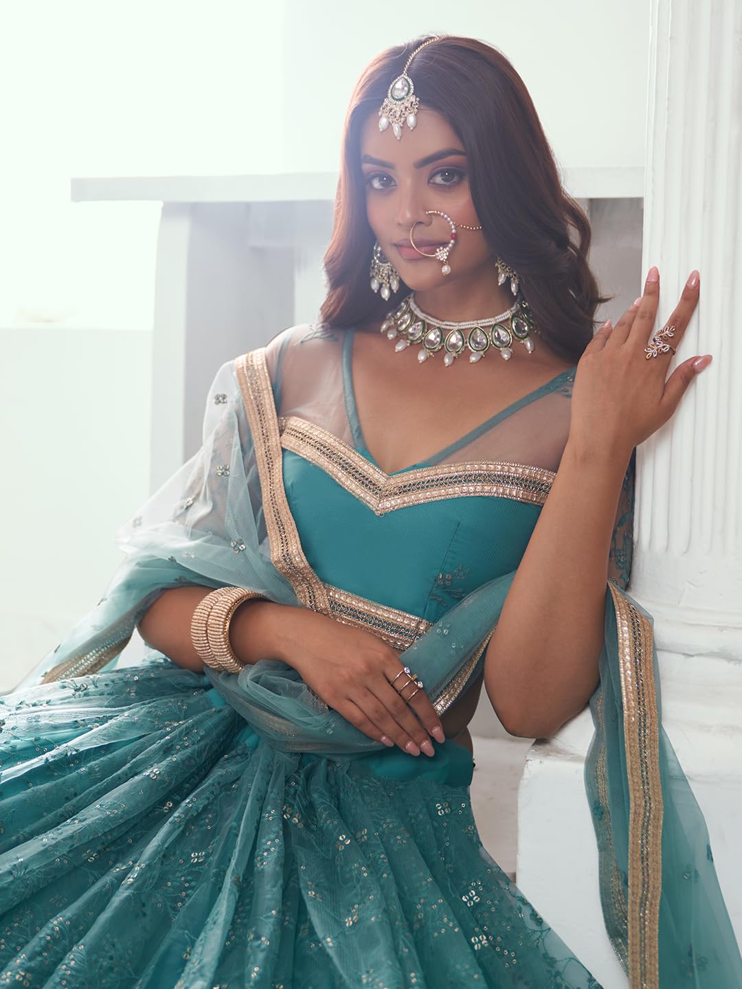 Zeel Clothing Women's Cotton Thread Sequins Work Embroidery Soft Net Readymade Lehenga Choli Set With Dupatta (Nfh-2201-Rama-Green-Women-Lehenga-Choli-Latest; Free Size)