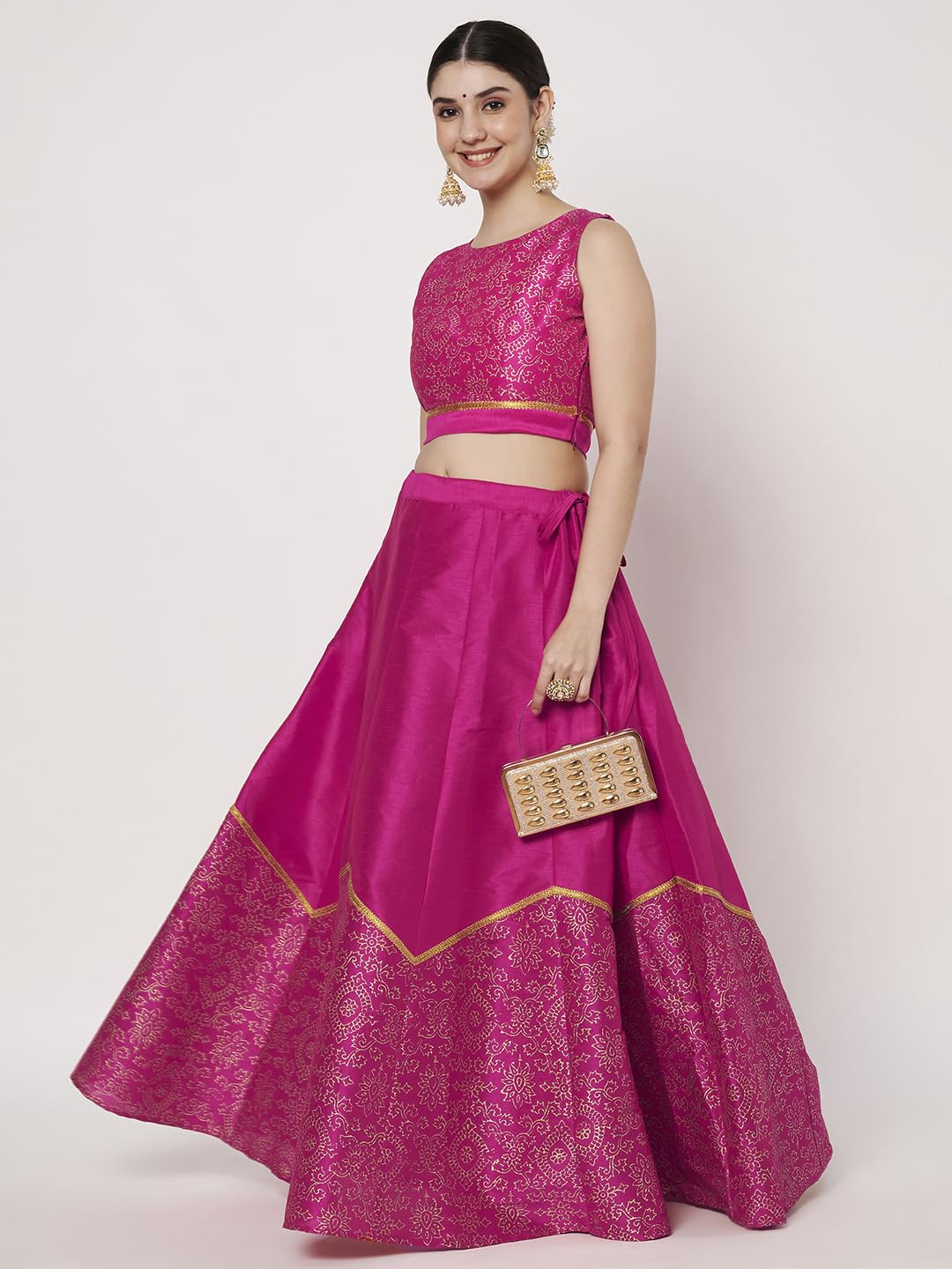 studio rasa Women's Dupion Block Printed Half and Half Kalidaar Skirt Wedding Festive Party (SKTC72514L_Pink_Large)