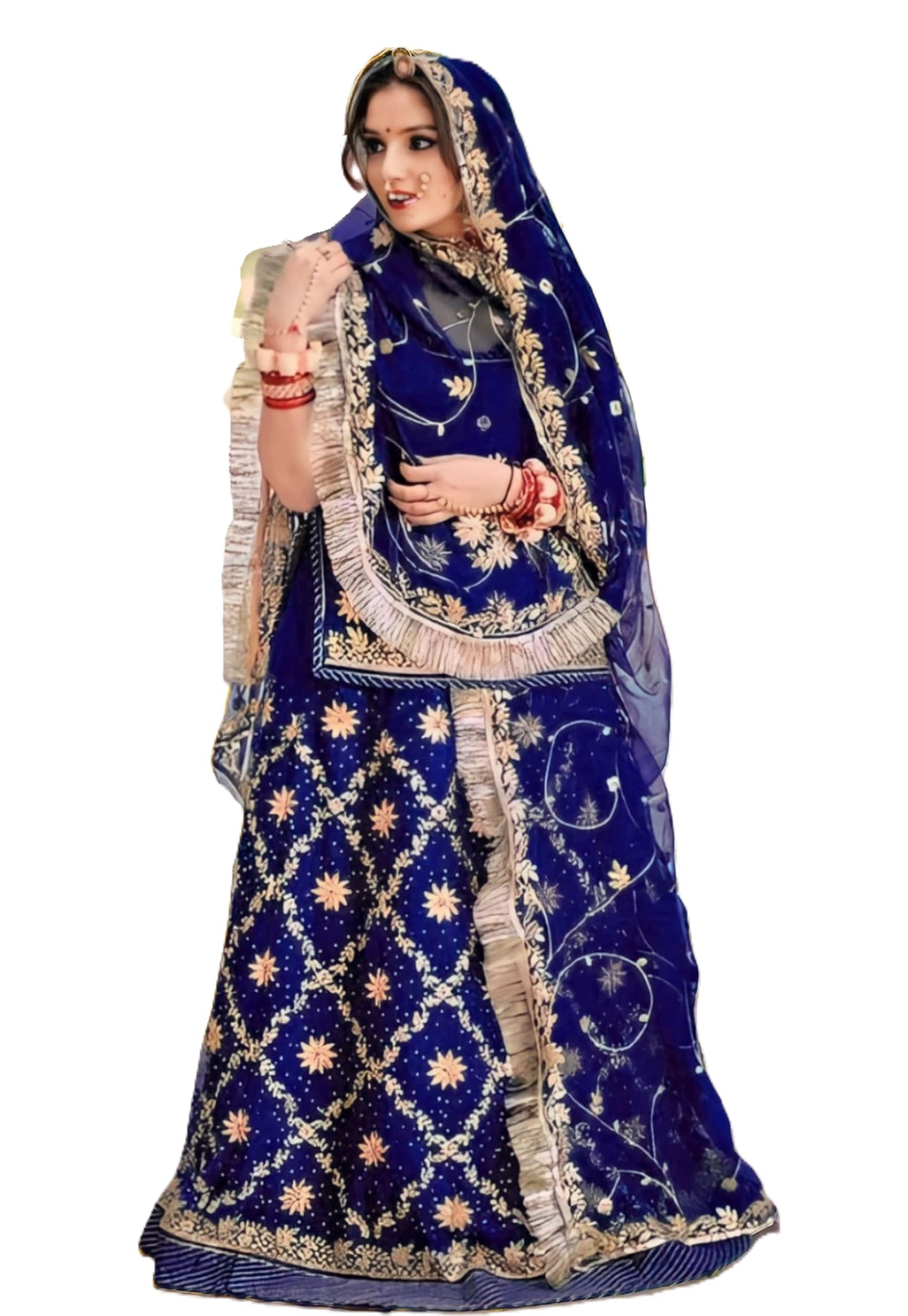 SHYAMLATA Fancy Heavy Embroidery Work Shimmer Silk Semi-stitched Rajputi Poshak For Women Rajasthani Lehenga Choli With Dupatta (Blue E)