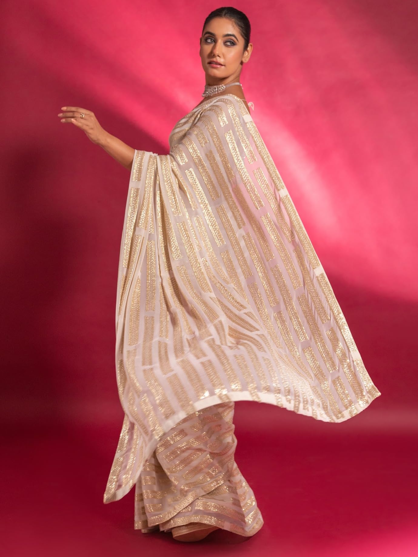 Zeel Clothing Women's Off-White Sequins Work Heavy Georgette Saree with Blouse (1022-Off-White-Sequins-Saree-Latest, Off-White)