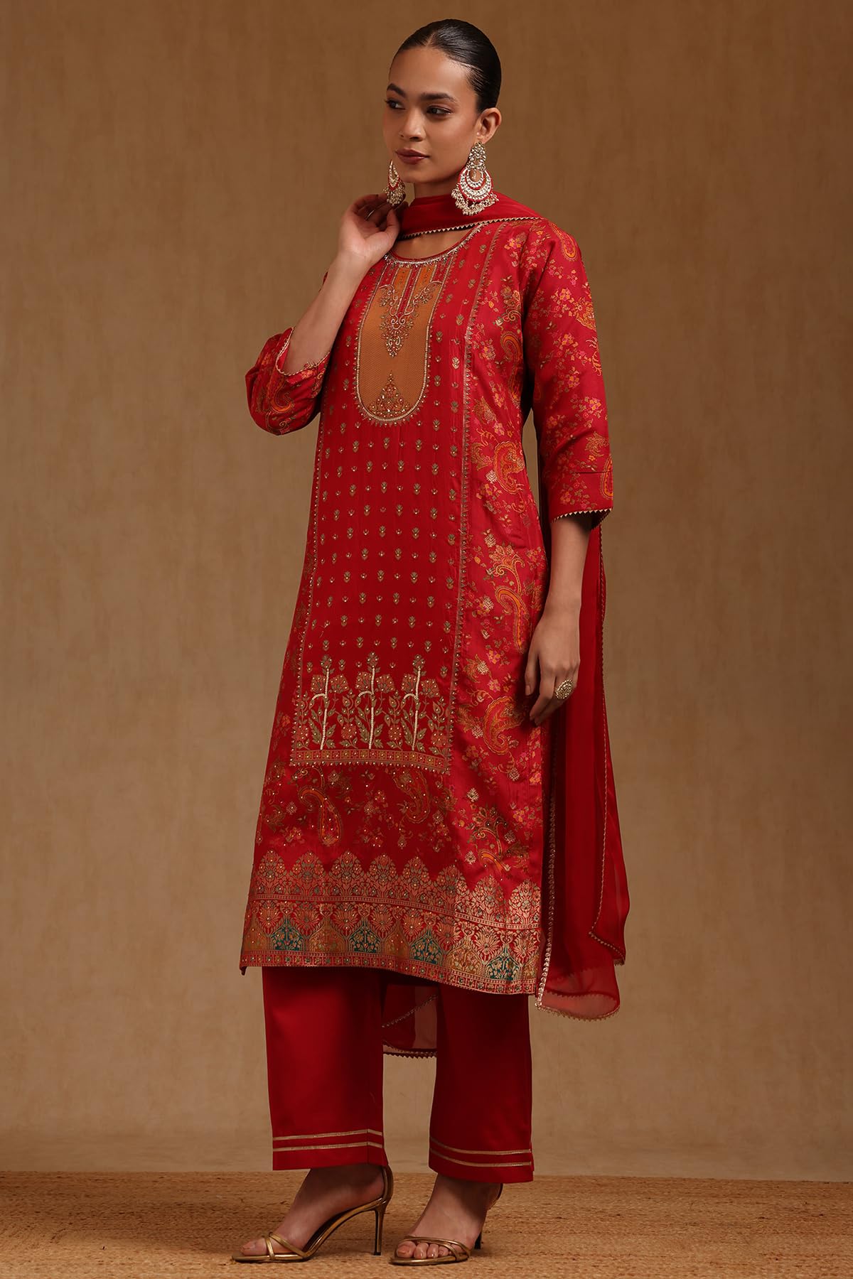 Soch Womens Red Russian Silk Ethnic Motifs Salwar Suit With Cutdana And Stone