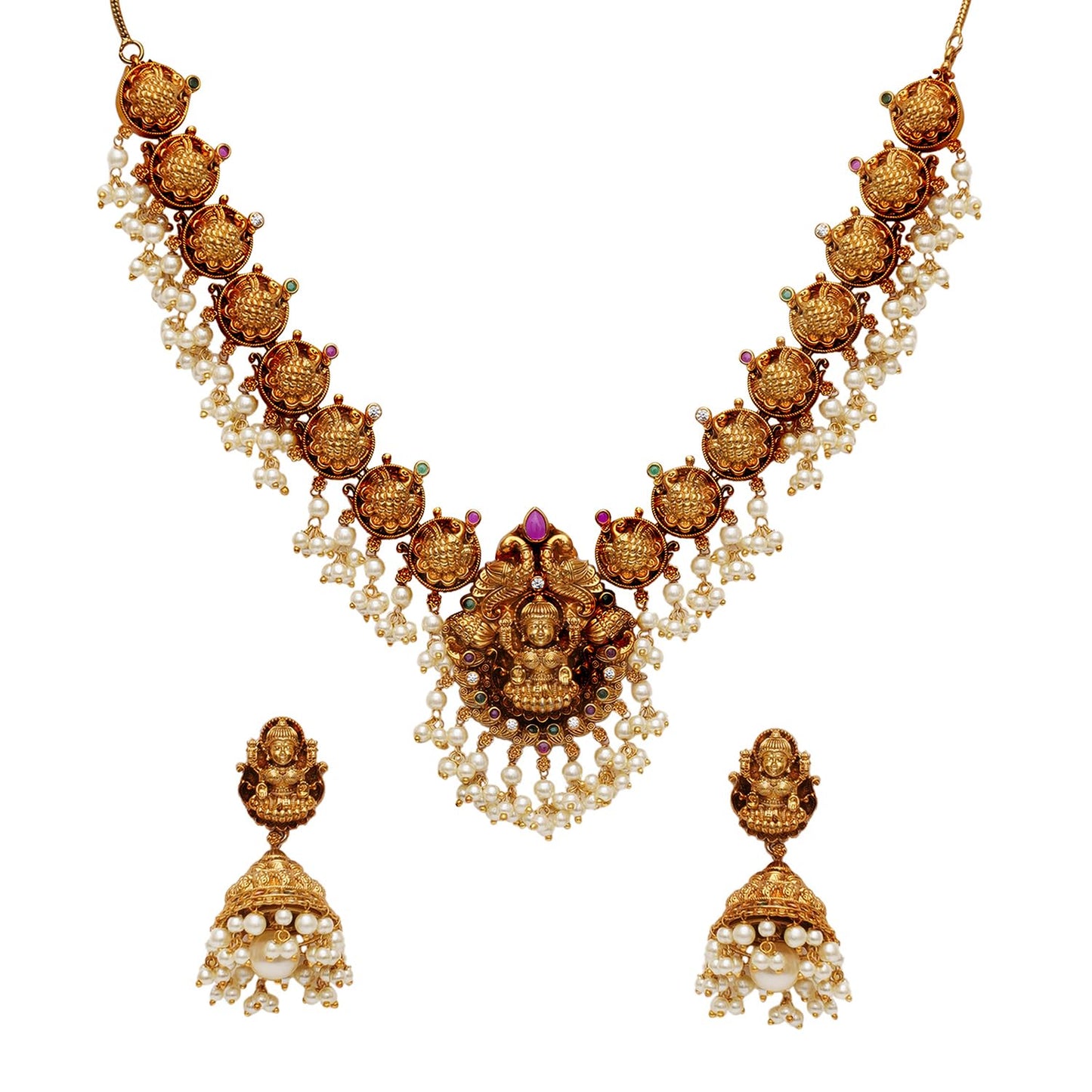 VOYLLA Gold Opulence Gold Plated Goddess Lakshmi Motifs Faux Pearls Lavish Jewellery Set For Women|Womens Jewellery Set|Gift For Women|Womens Gift|Gift For Her|