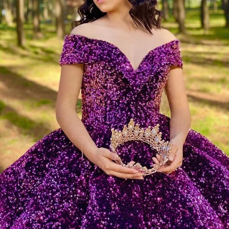 Homdor Women's Off Shoulder Sequin Prom Floor Length Dresses for Teens Plus Size Ball Gown Sparkly Quinceanera Dresses Formal Evening Gowns, Black, 18