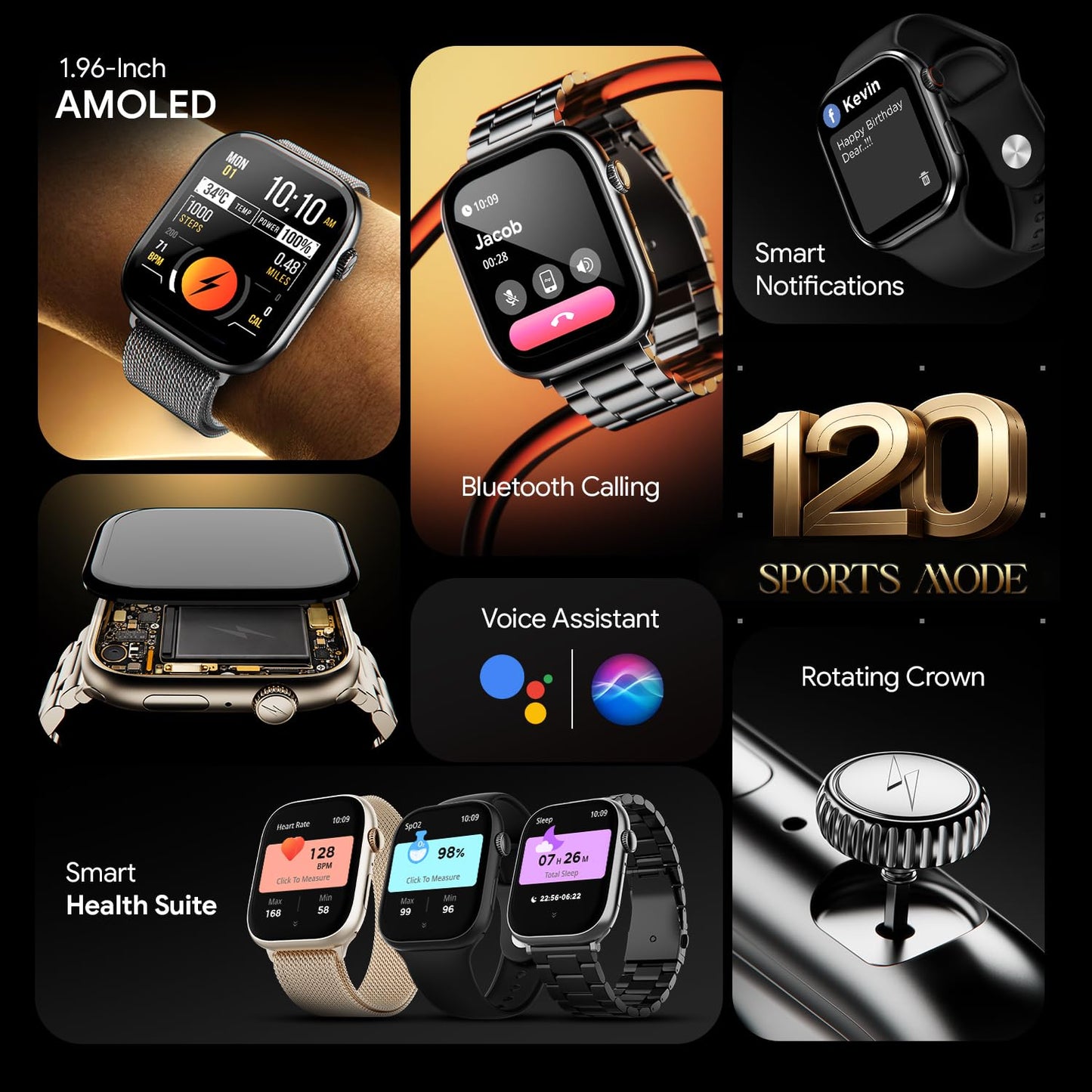 Fire-Boltt Ninja X Ring Smart Watch 1.96" Always On Display Bluetooth Calling, Voice Assistant, SpO2 & Heart Rate, 120+ Sports Modes, IP67 Waterproof Smartwatch for Men & Women - Black Mesh