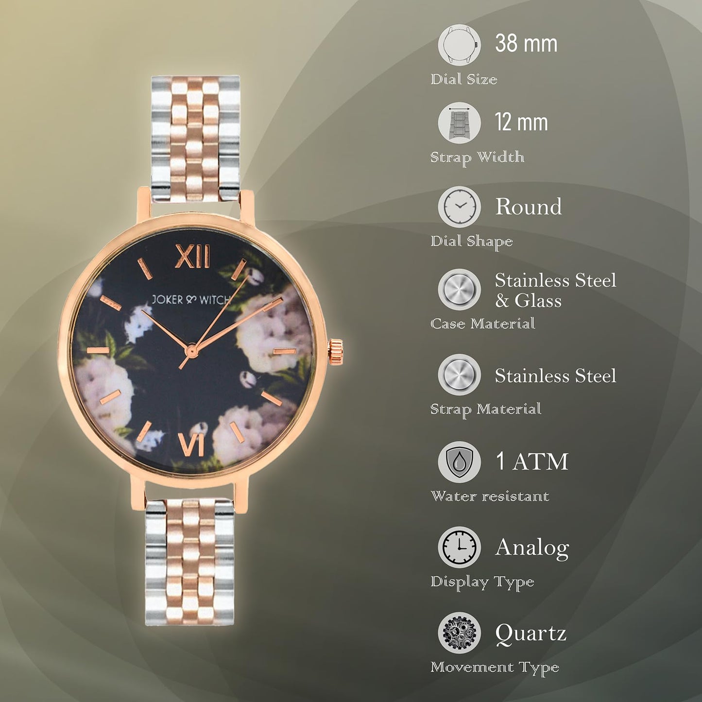 Joker & Witch Fleur Black Dial 12mm Multicolor Stainless Steel Watch for Women