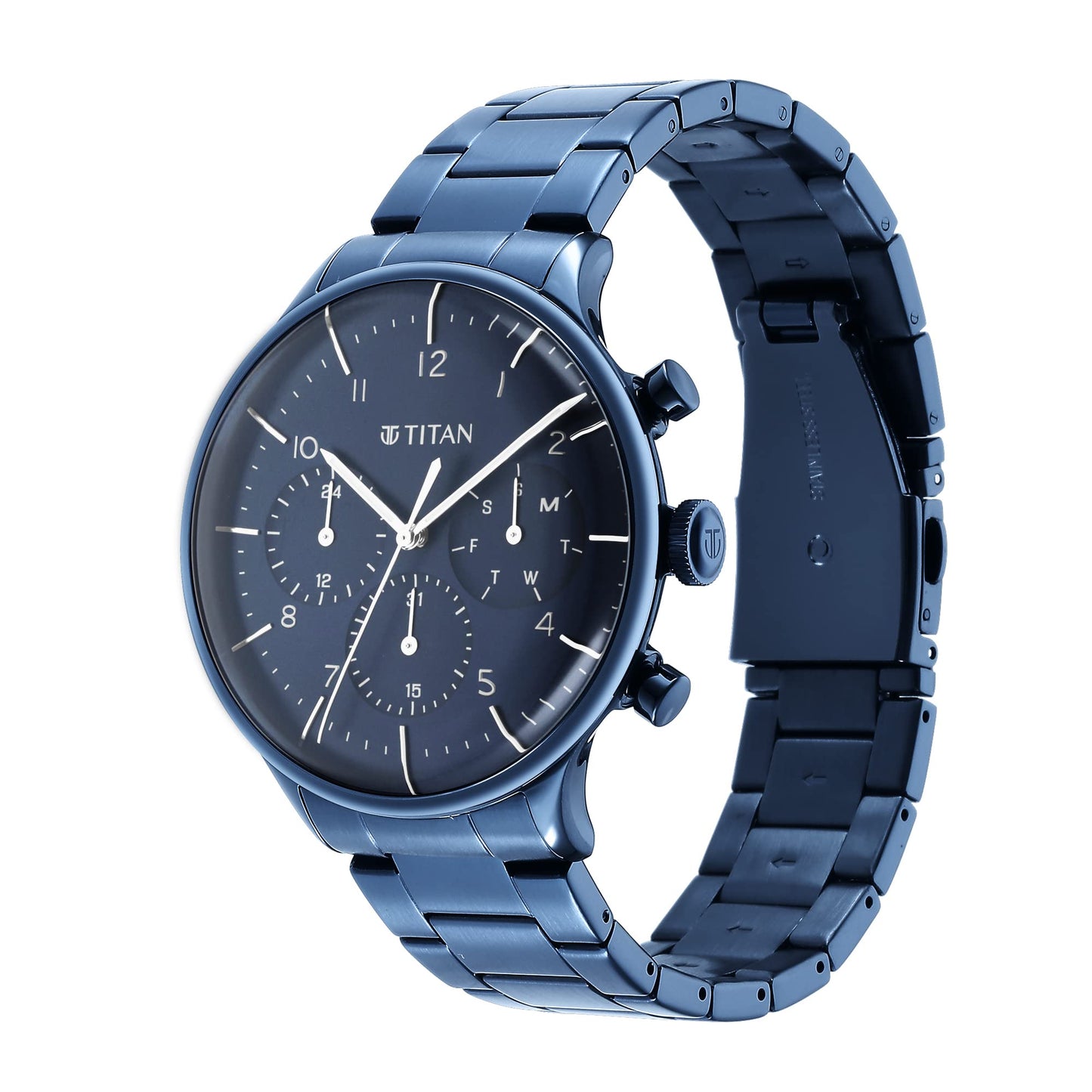Titan Urban Magic Quartz Multifunction Blue Dial Metallic Blue Stainless Steel Strap Watch for Men - NT90102QM01
